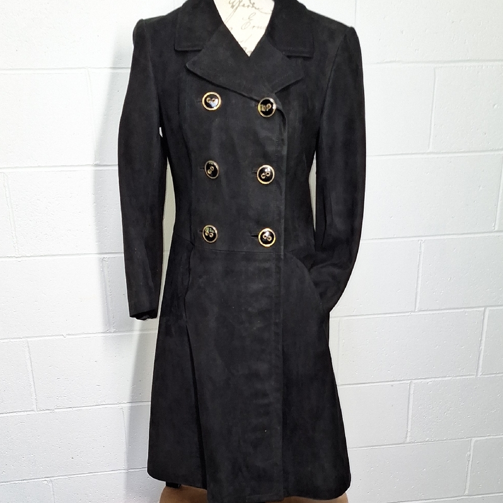 Elegant Vintage Suede Leather Black Double-Breasted Women's Coat